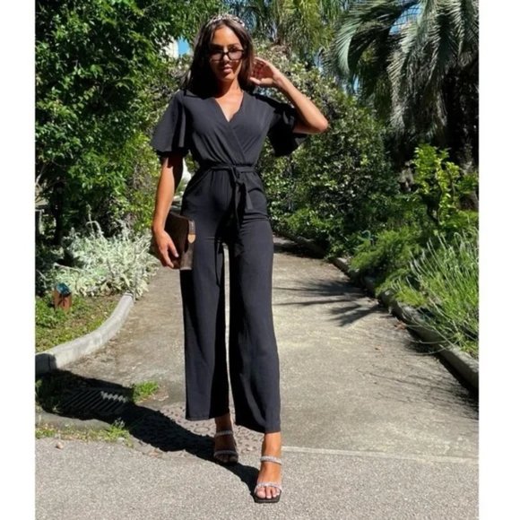 Pants - Black Short Sleeve V-Neck Loose Fit Wide Leg Jumpsuit Playsuit